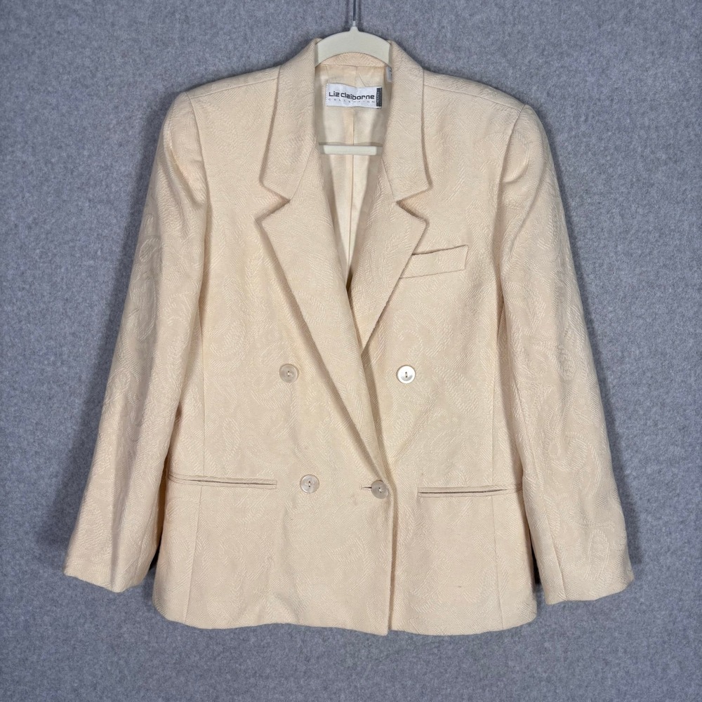 Vintage Double Breasted Wool Blazer 8P Cream Jacquard Damask Tapestry Neutral